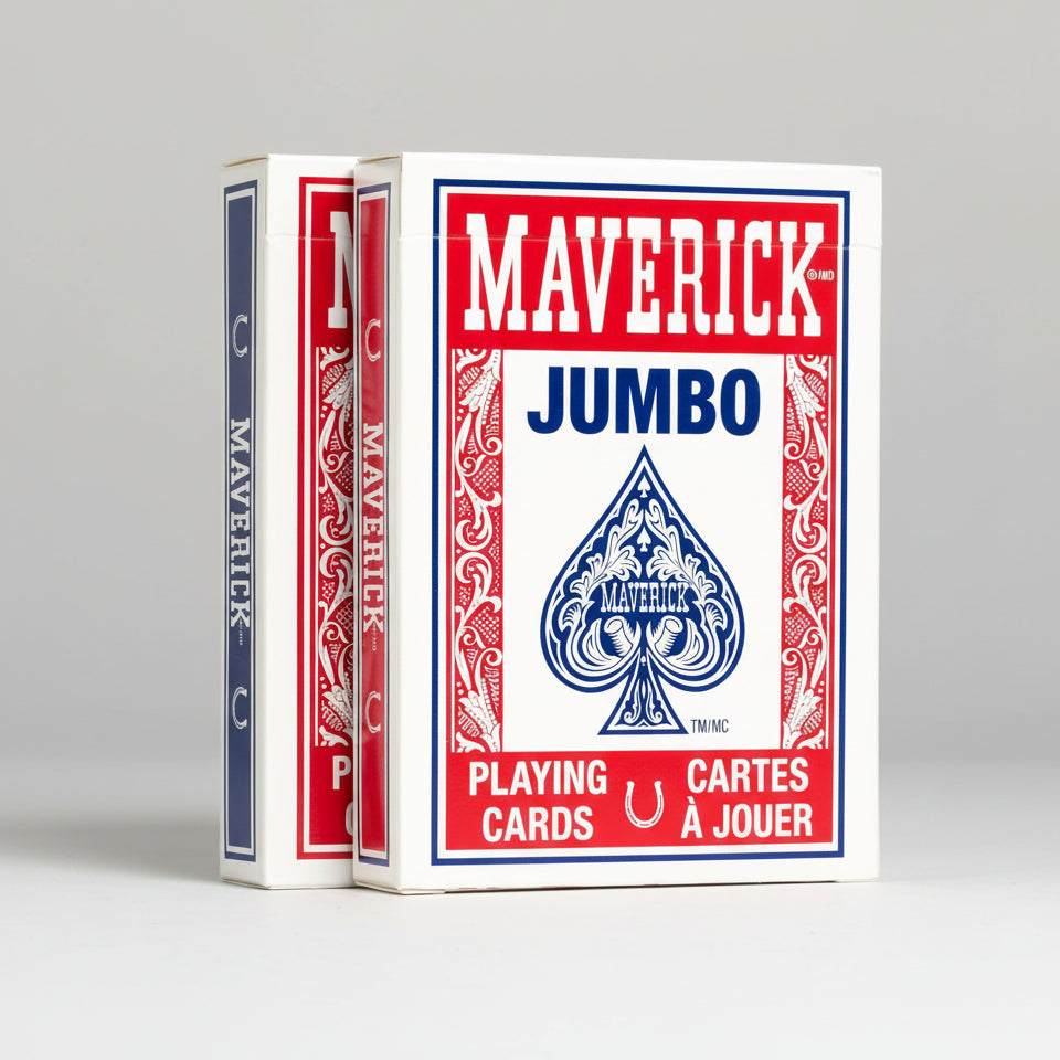 Maverick Jumbo playing cards with red and blue design on a white background