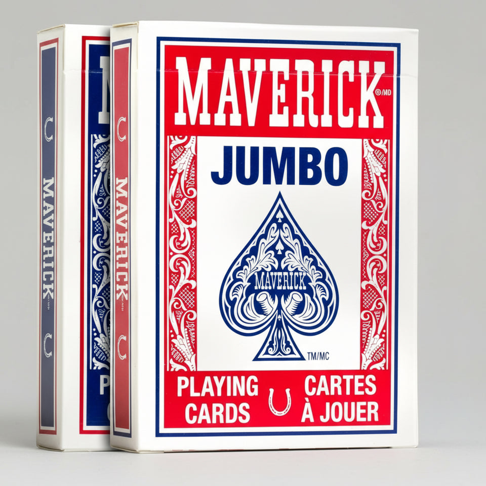 Maverick Jumbo playing cards with red and blue design on a white background