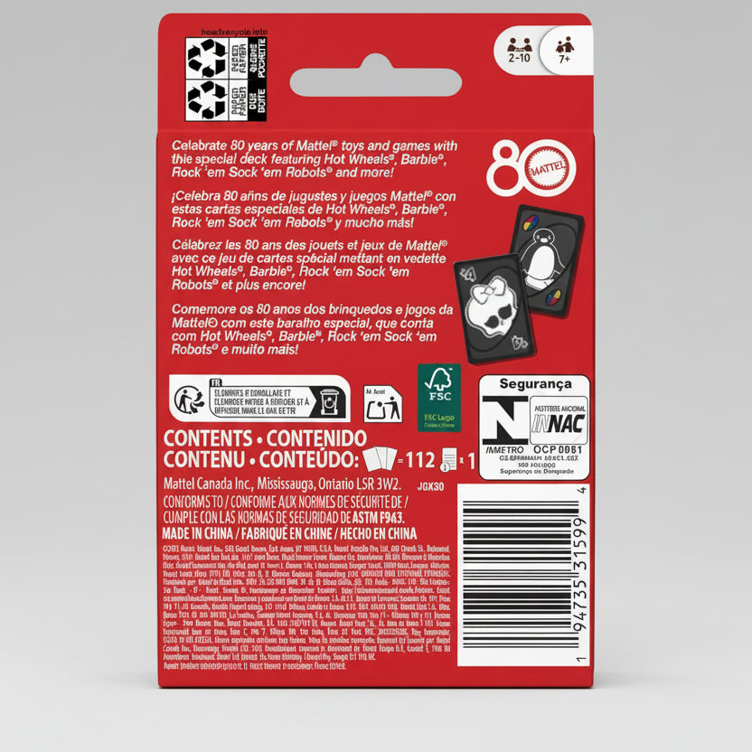 Back of UNO Mattel 80th Anniversary Ruby Red card game package