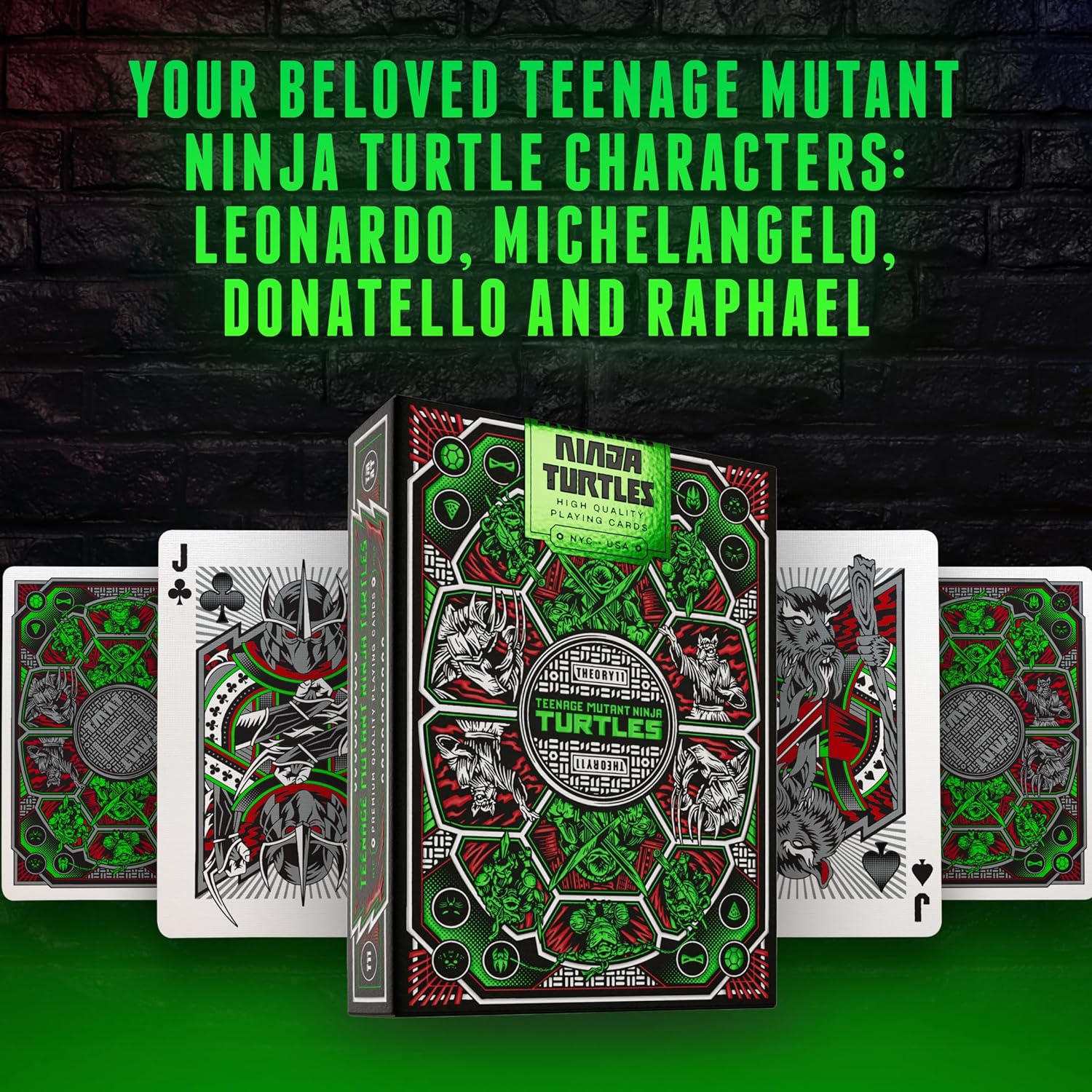 Teenage Mutant Ninja Turtles playing cards with a brick wall background