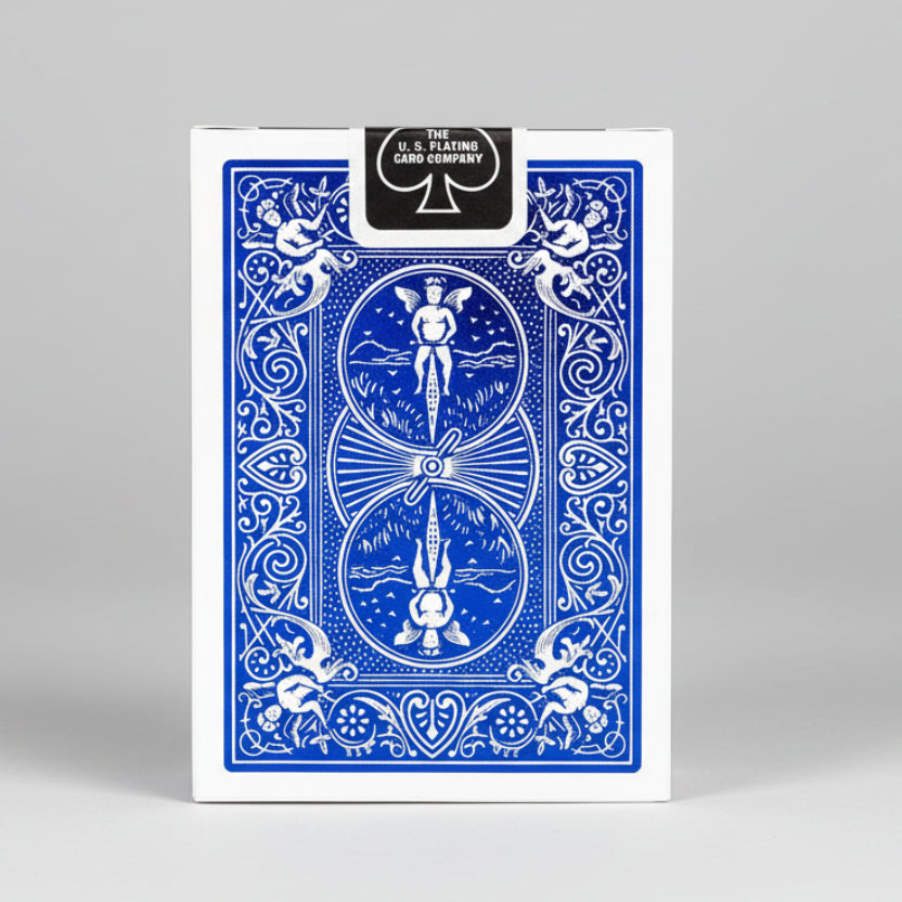 Close‑up of blue foil Rider Back design from Bicycle Metalluxe Cobalt deck.