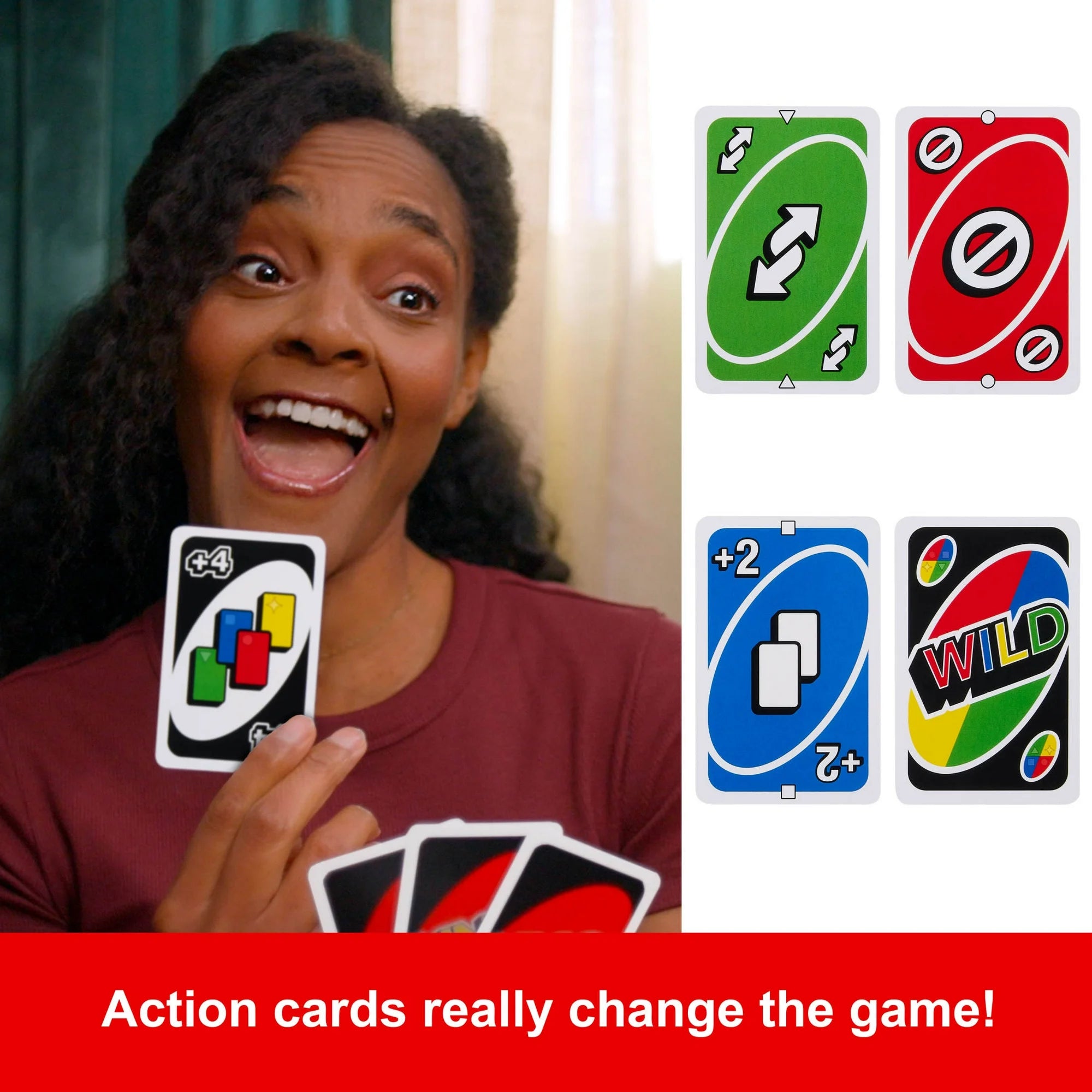 Person holding UNO cards with action cards displayed on a white background
