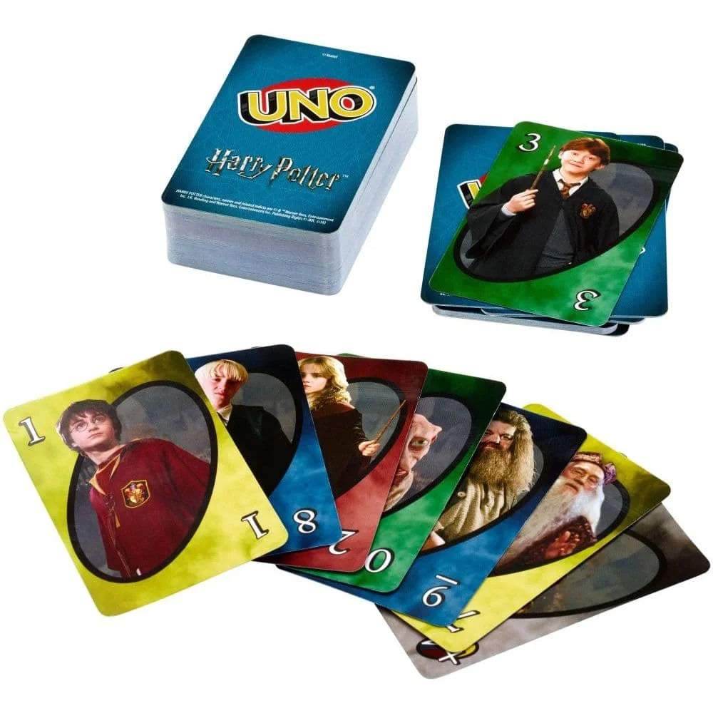 Harry Potter themed UNO card game set with character cards on a white background