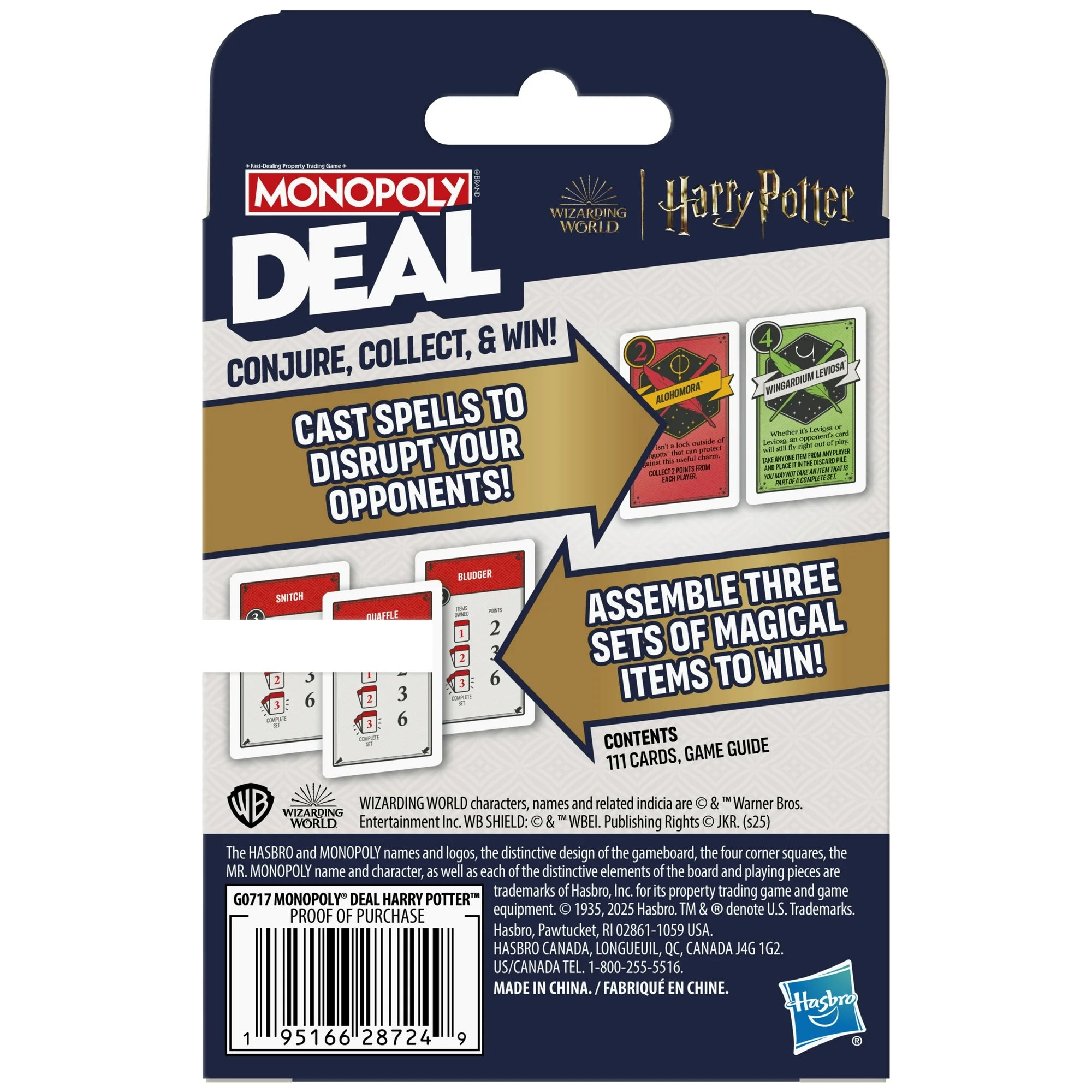 Monopoly Deal Harry Potter card game retail packaging on a white background, showing the branded card back with product title, game concept text, sample cards, and Hasbro and Warner Bros. logos.