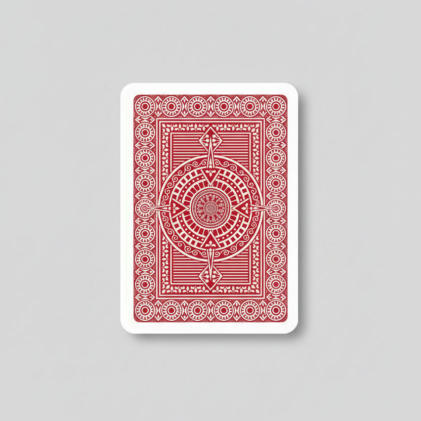 Red playing card with a geometric design on a white background