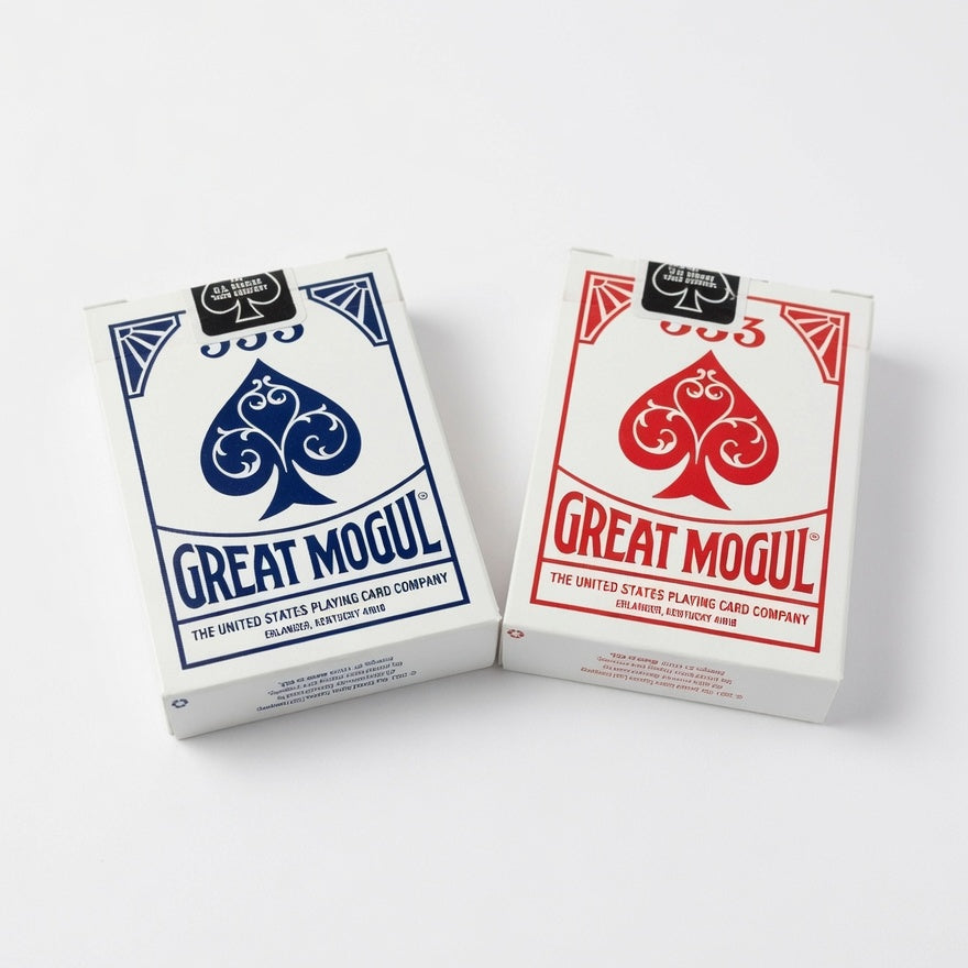 Back artwork on red and blue Great Mogul playing-card tuck boxes
