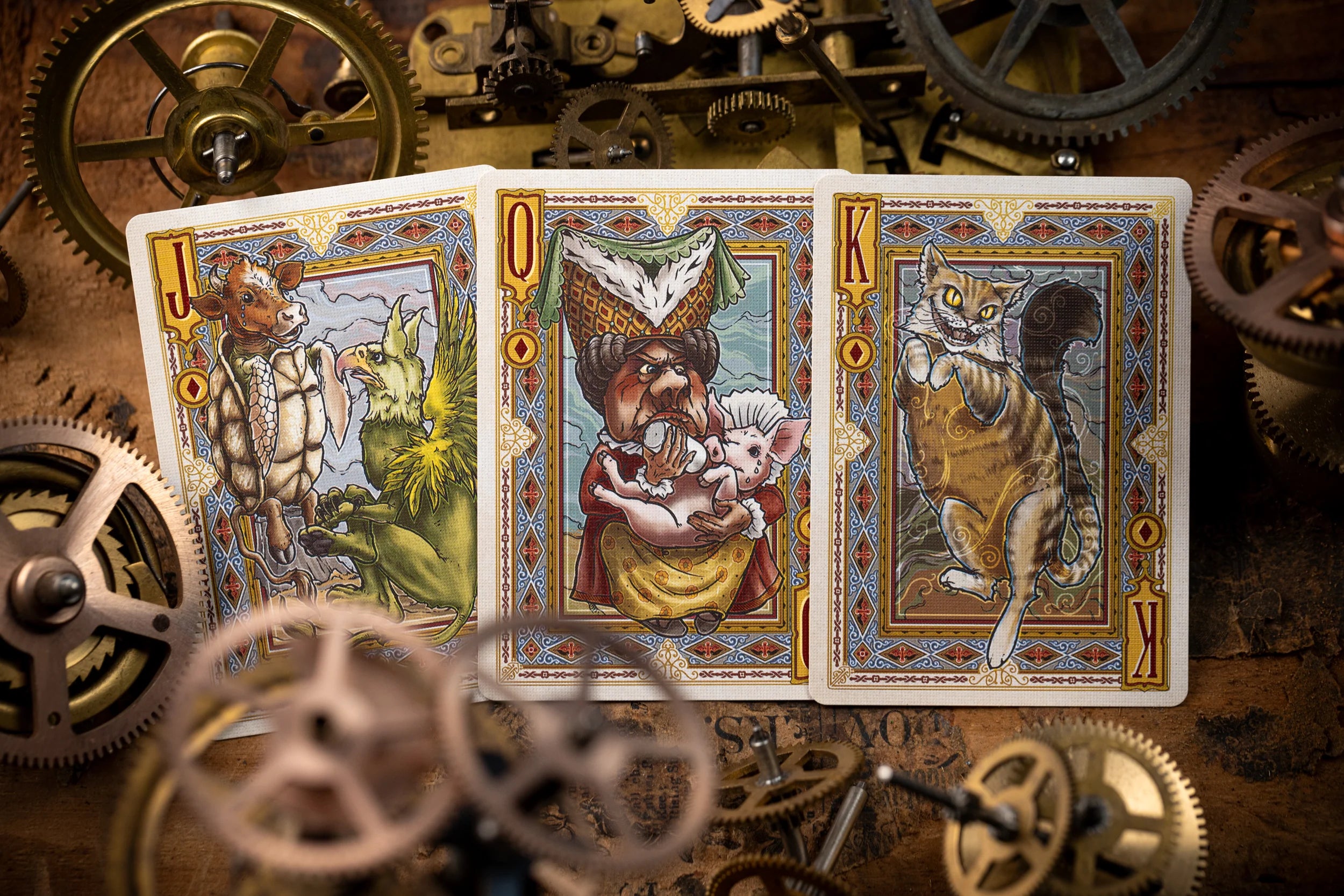 Playing cards with fantasy characters on a background of mechanical gears