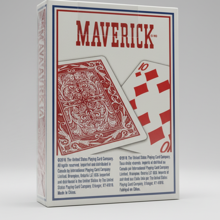 Maverick playing cards packaging with red and white design on a white background