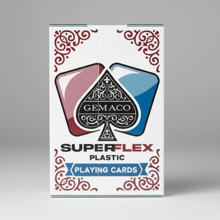 Superflex plastic playing cards with red and blue design on a white background