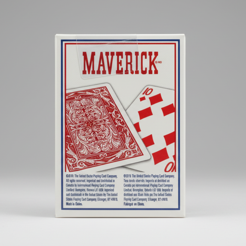 Maverick playing cards packaging with red and white design on a white background