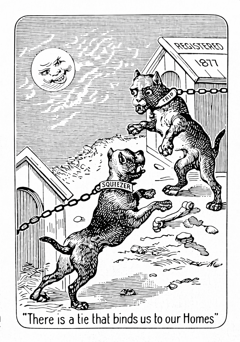 Vintage illustration of two dogs on chains with a moon in the background, labeled '1877'.