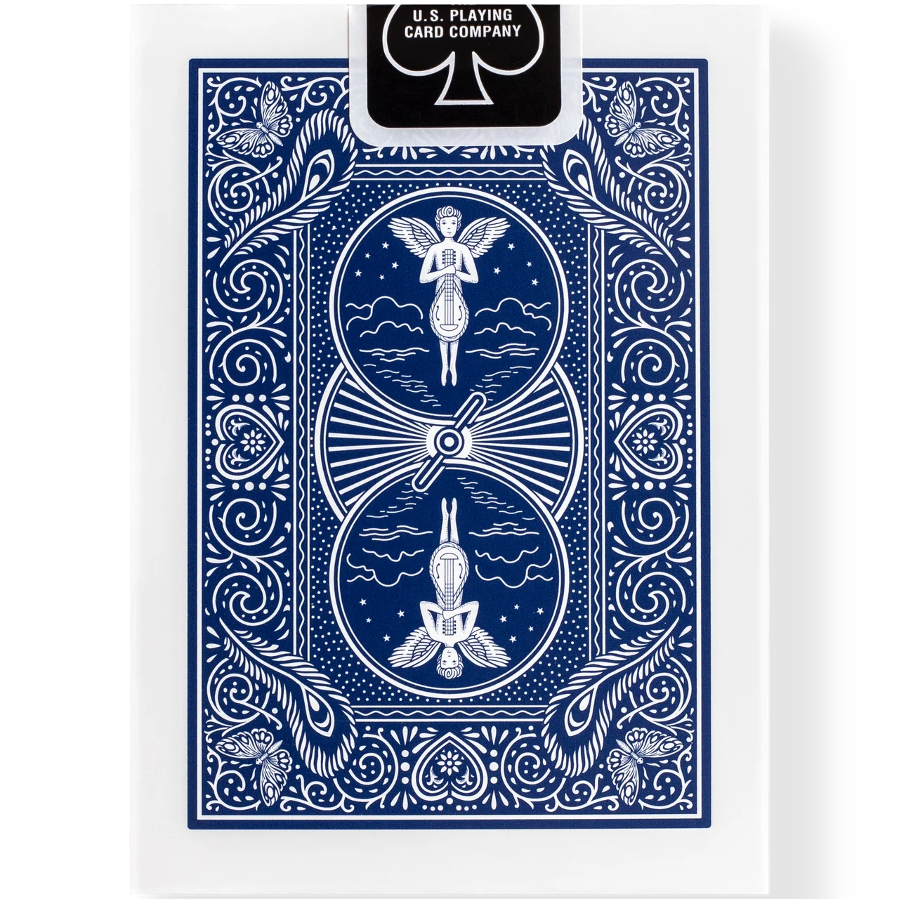 Playing card packaging with blue and white design featuring Mandolin angelic figures and U.S. Playing Card Company logo.