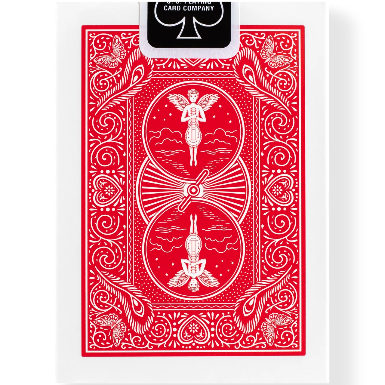Red playing card with intricate designs on a white background