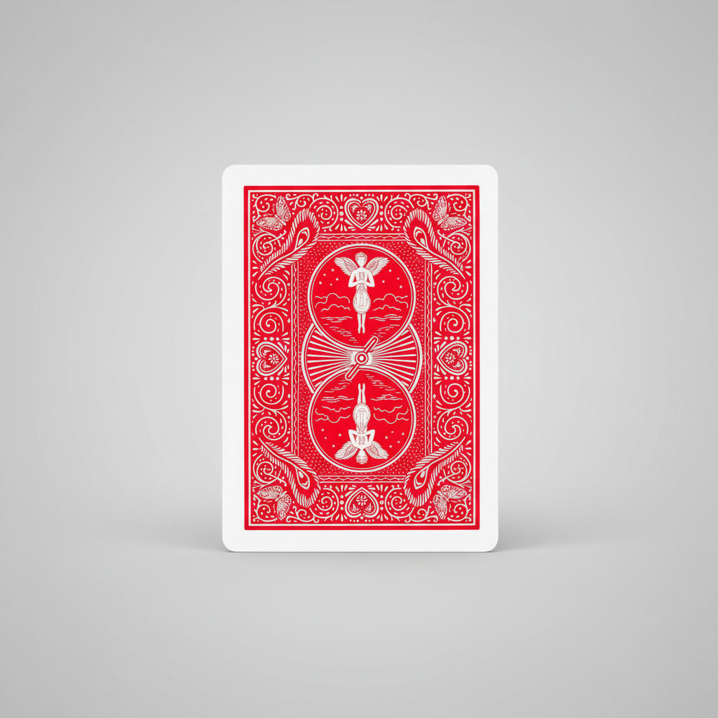 Red playing card with white designs and Mandolins on a white background
