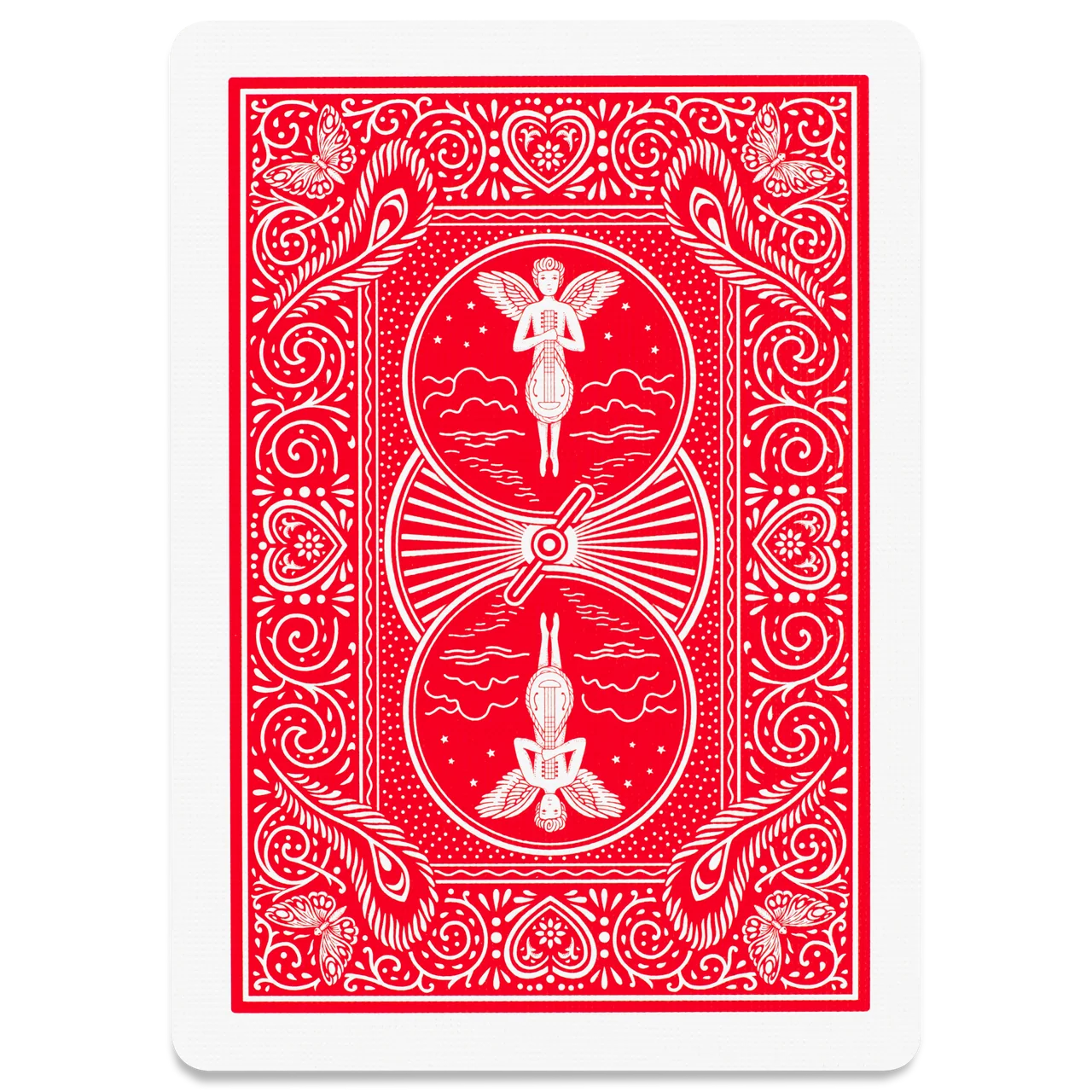 Red playing card with white designs and Mandolins on a white background