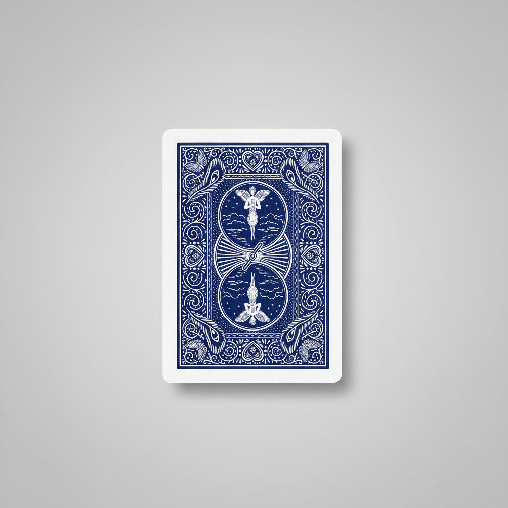 Playing card with Mandolin angel design on a blue and white background