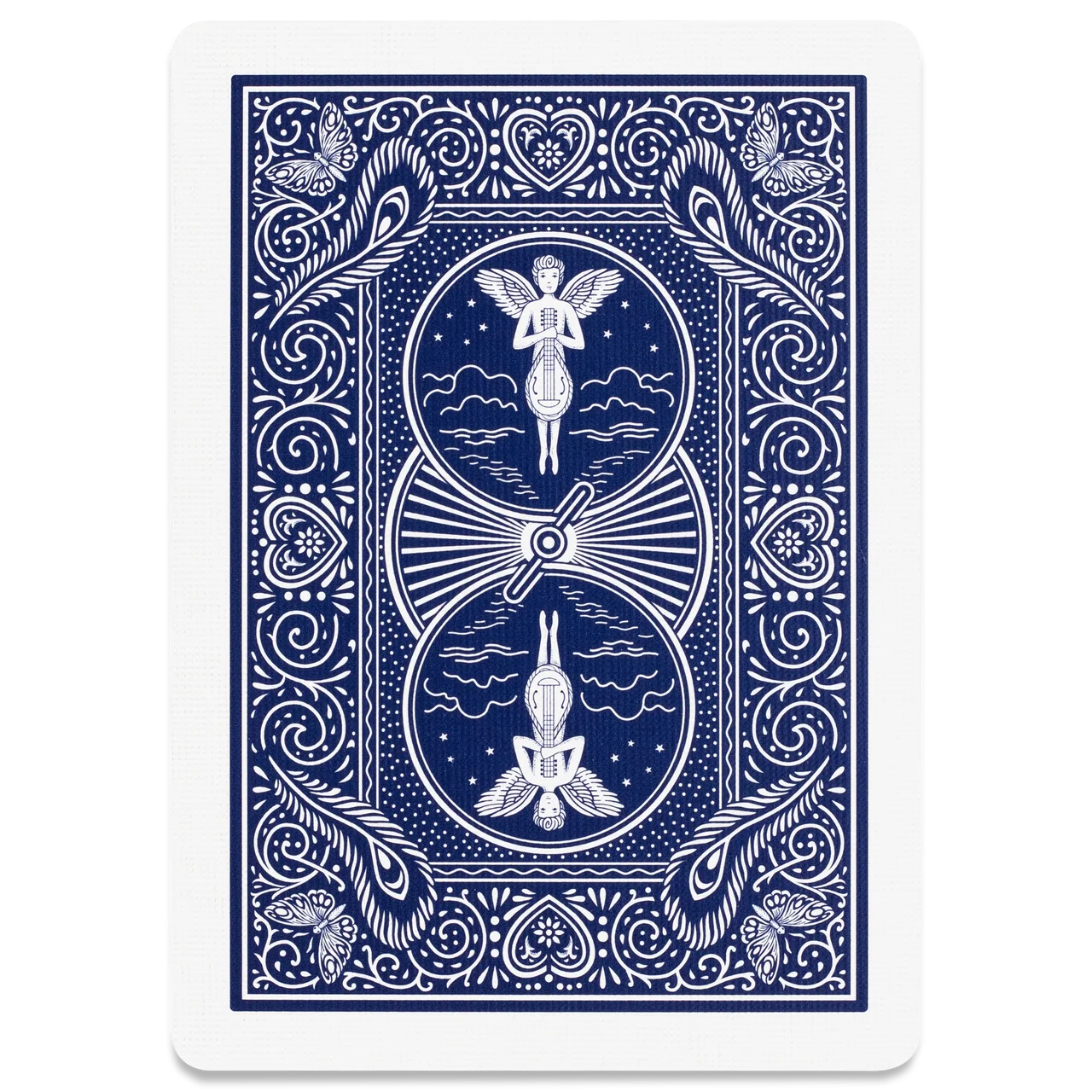 Playing card with Mandolin angel design on a blue and white background