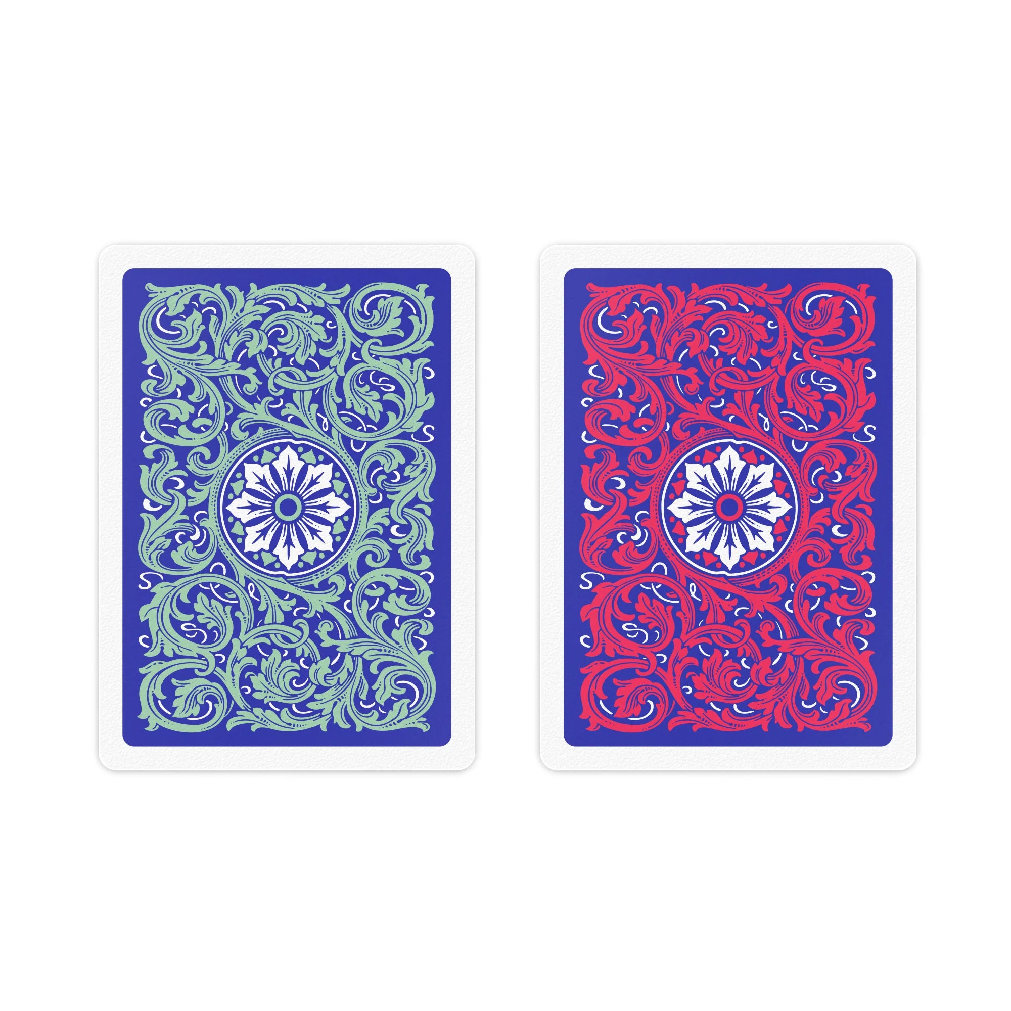 Two Copag Neoteric Poker Size Regular Index (Red & Green) playing cards with intricate designs on a white background