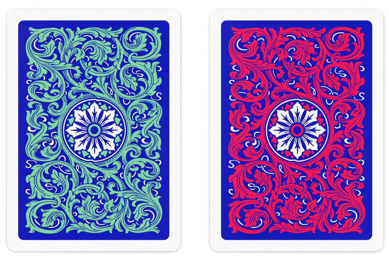 Two playing cards with intricate designs on a blue and red background