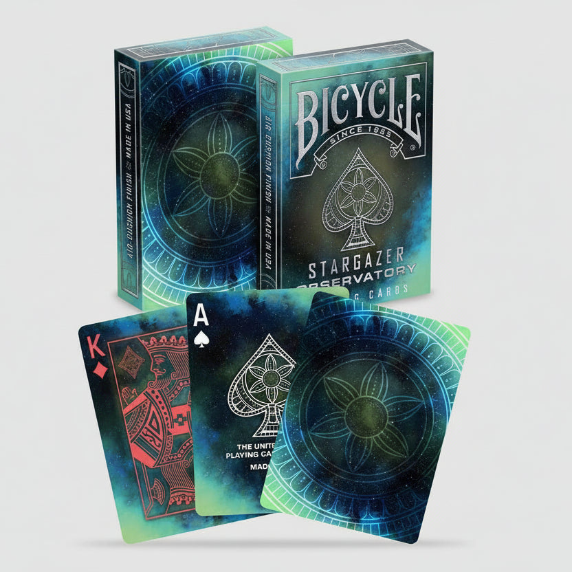 Bicycle Stargazer Observatory playing cards with packaging and cards displayed.