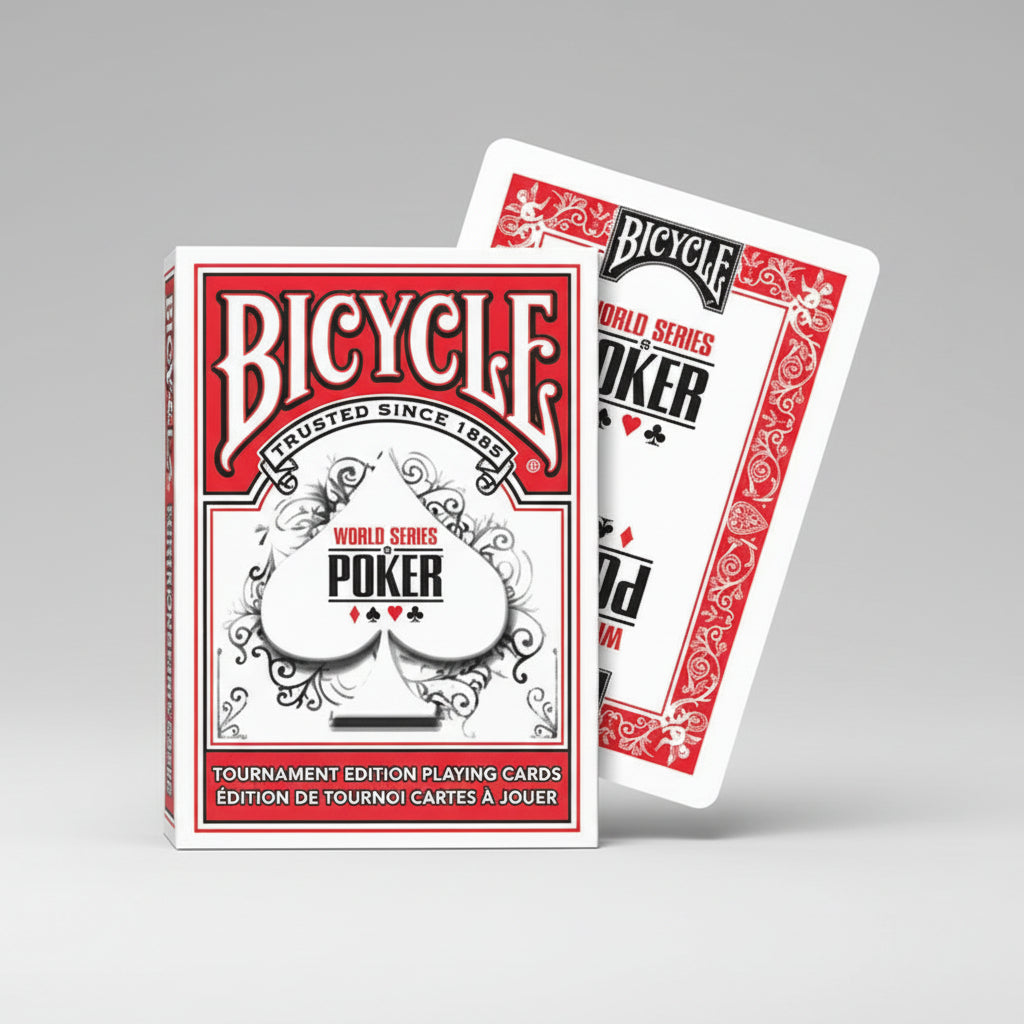 Bicycle World Series of Poker playing cards on a gray background