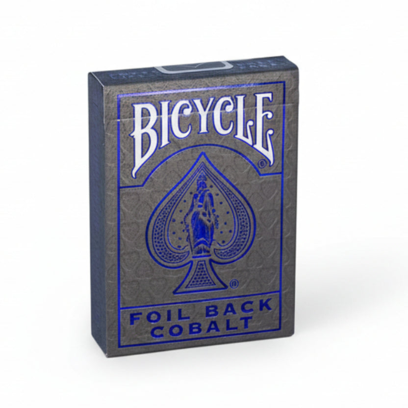 Bicycle Metalluxe Cobalt Blue foil back tuck box in charcoal gray with embossed blue Ace of Spades artwork.