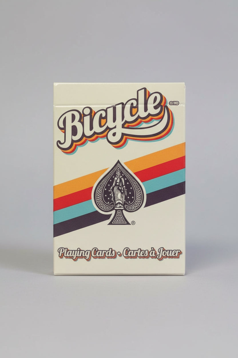 Bicycle playing cards packaging with colorful stripes and logo