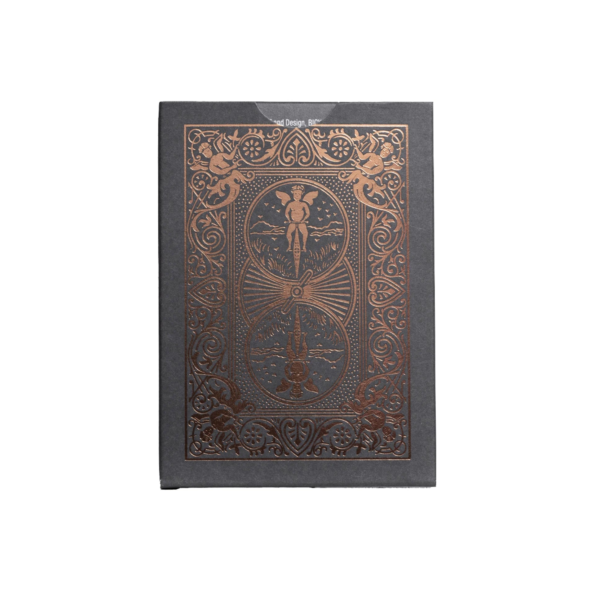 Decorative Bicycle Black & Rose Gold Metalluxe playing cards with intricate rose gold embossed design on a white background