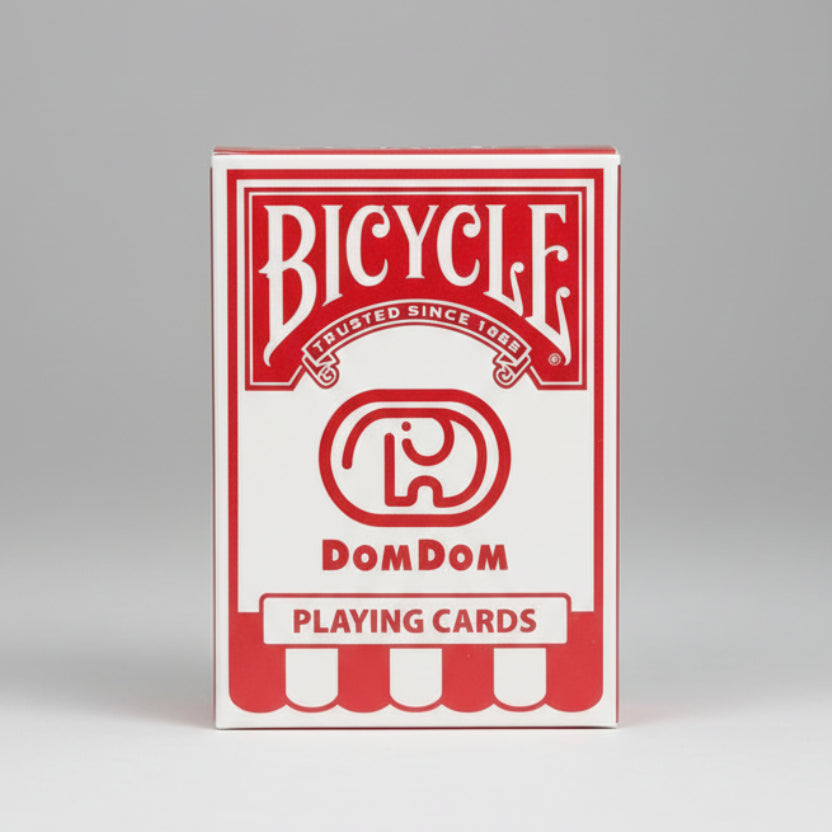 Front of Bicycle Dom Dom Burger Playing Cards tuck box with Dom Dom logo and retro red-and-white restaurant styling