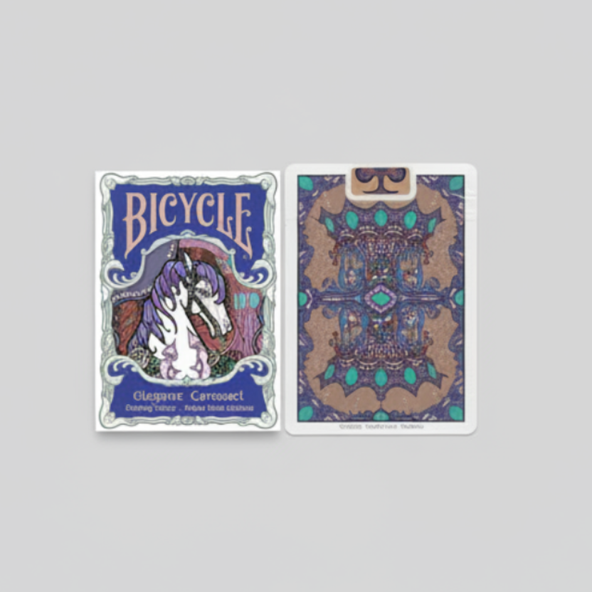Bicycle Elegant Carousel Royal Blue Edition tuck box and card back design side by side