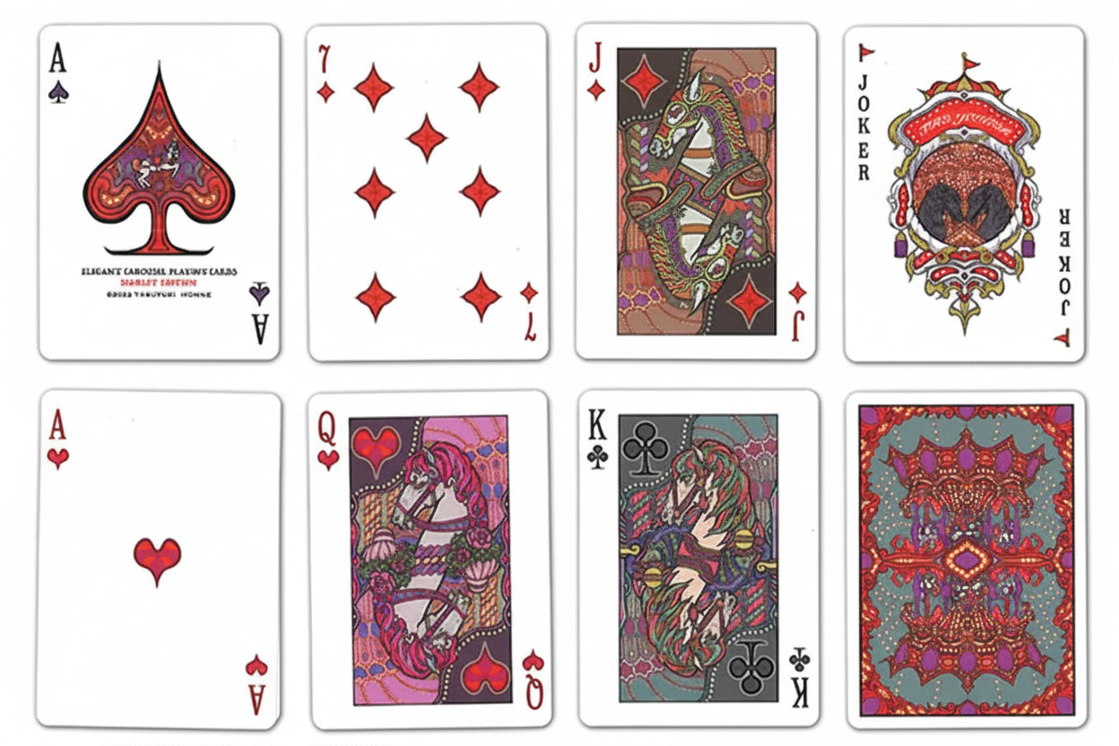Card faces and card back from Bicycle Elegant Carousel Scarlet Edition Playing Cards with custom courts and ornate back design