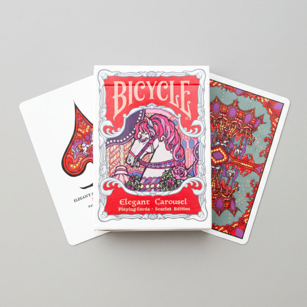 Front of Bicycle Elegant Carousel Scarlet Edition Playing Cards tuck box with carousel horse artwork