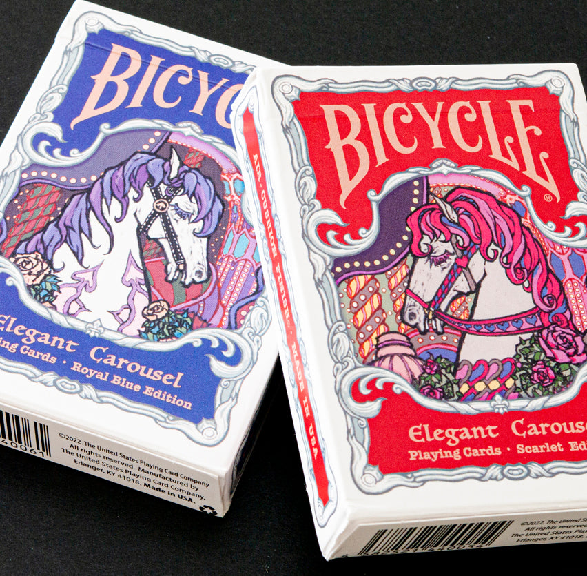 Bicycle Elegant Carousel Scarlet Edition and Royal Blue Edition tuck boxes shown side by side