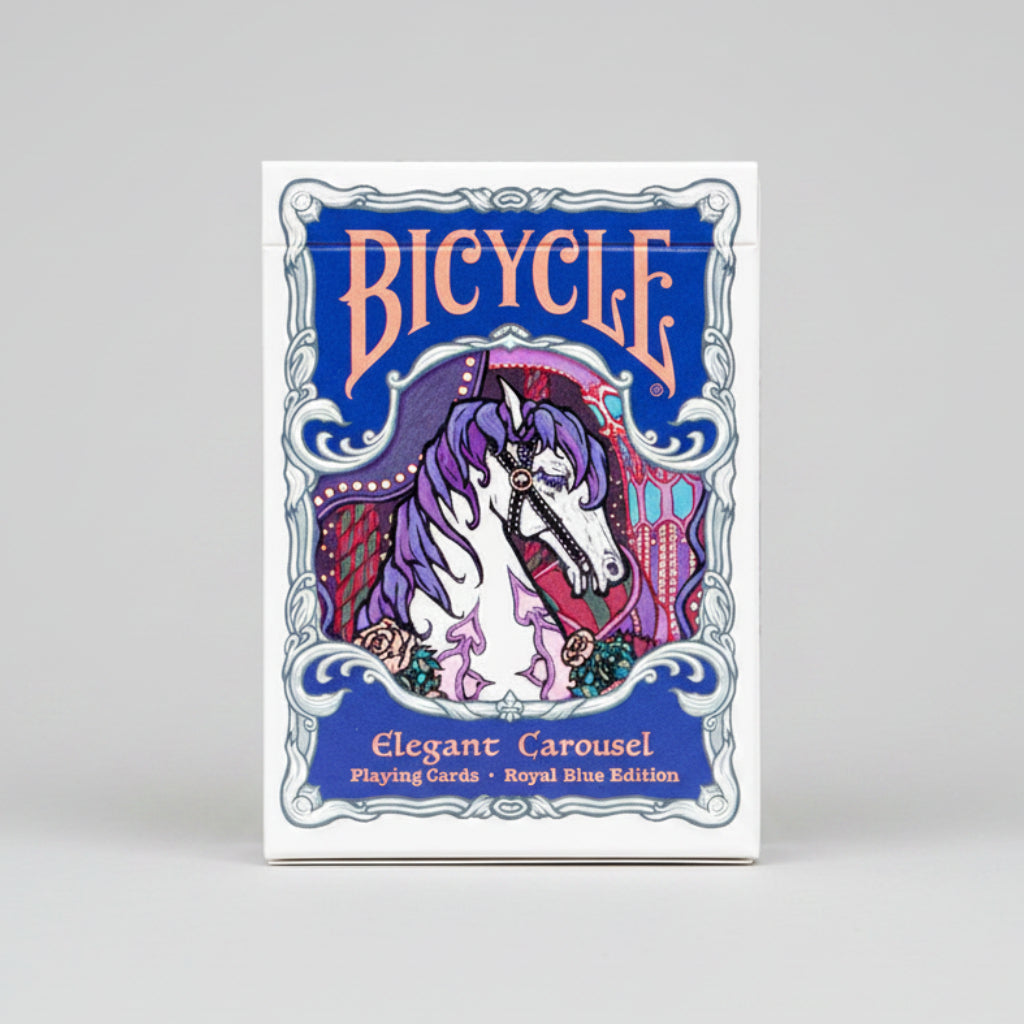 Bicycle Elegant Carousel blue playing cards with a unicorn design on the cover.