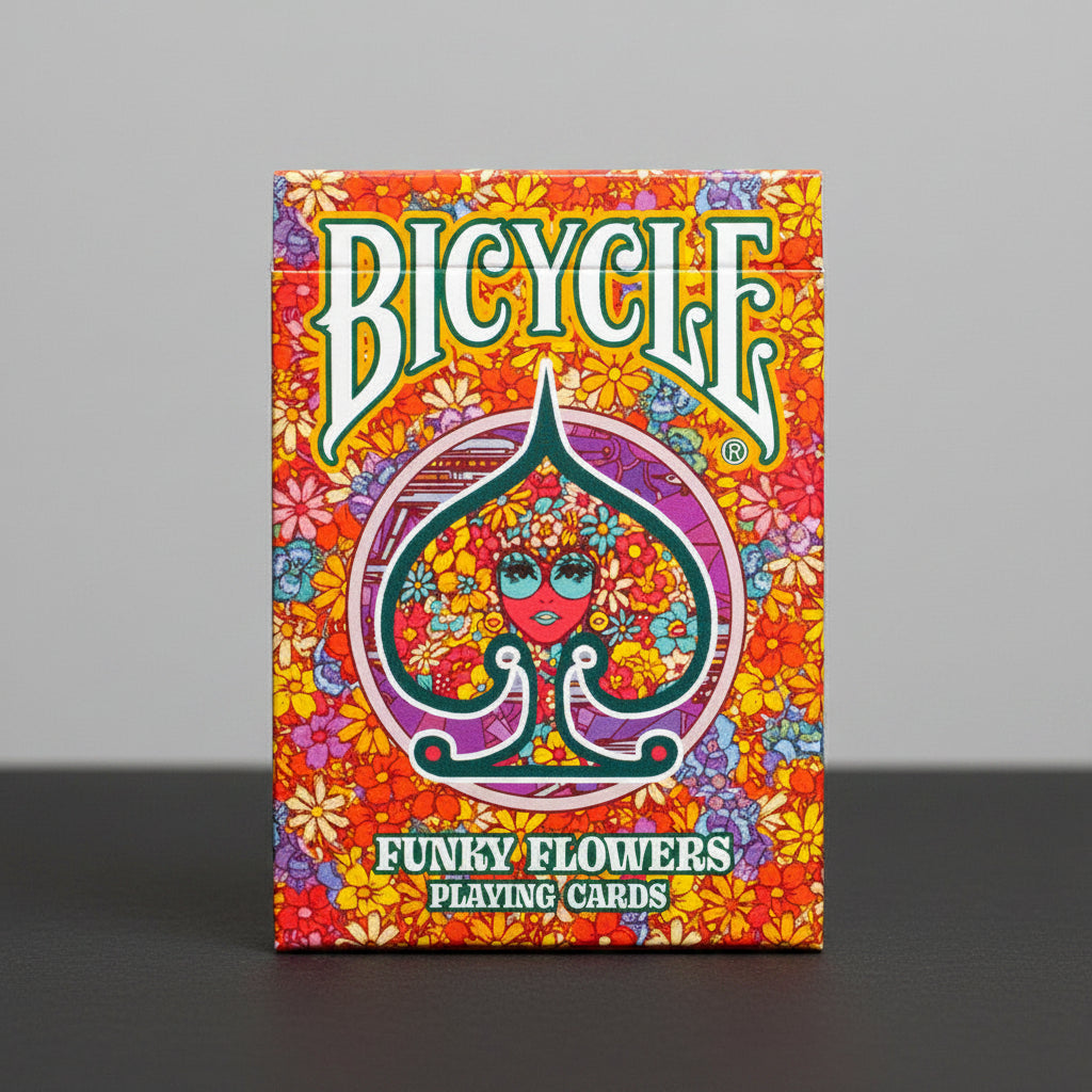 Front of Bicycle Funky Flower Playing Cards tuck box with floral artwork, custom spade emblem, and matching back design
