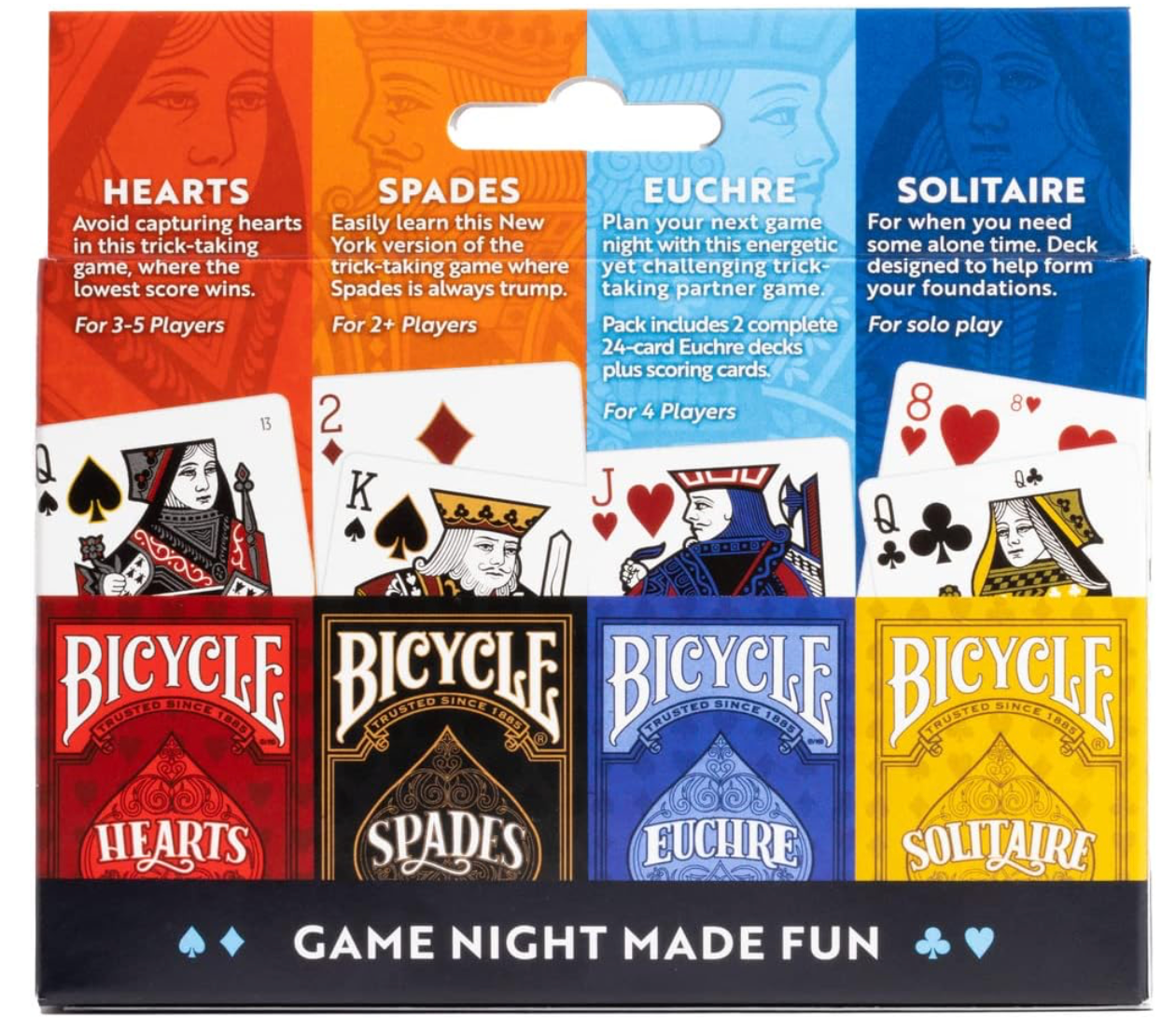 Packaging of Bicycle card games including Hearts, Spades, Euchre, and Solitaire.
