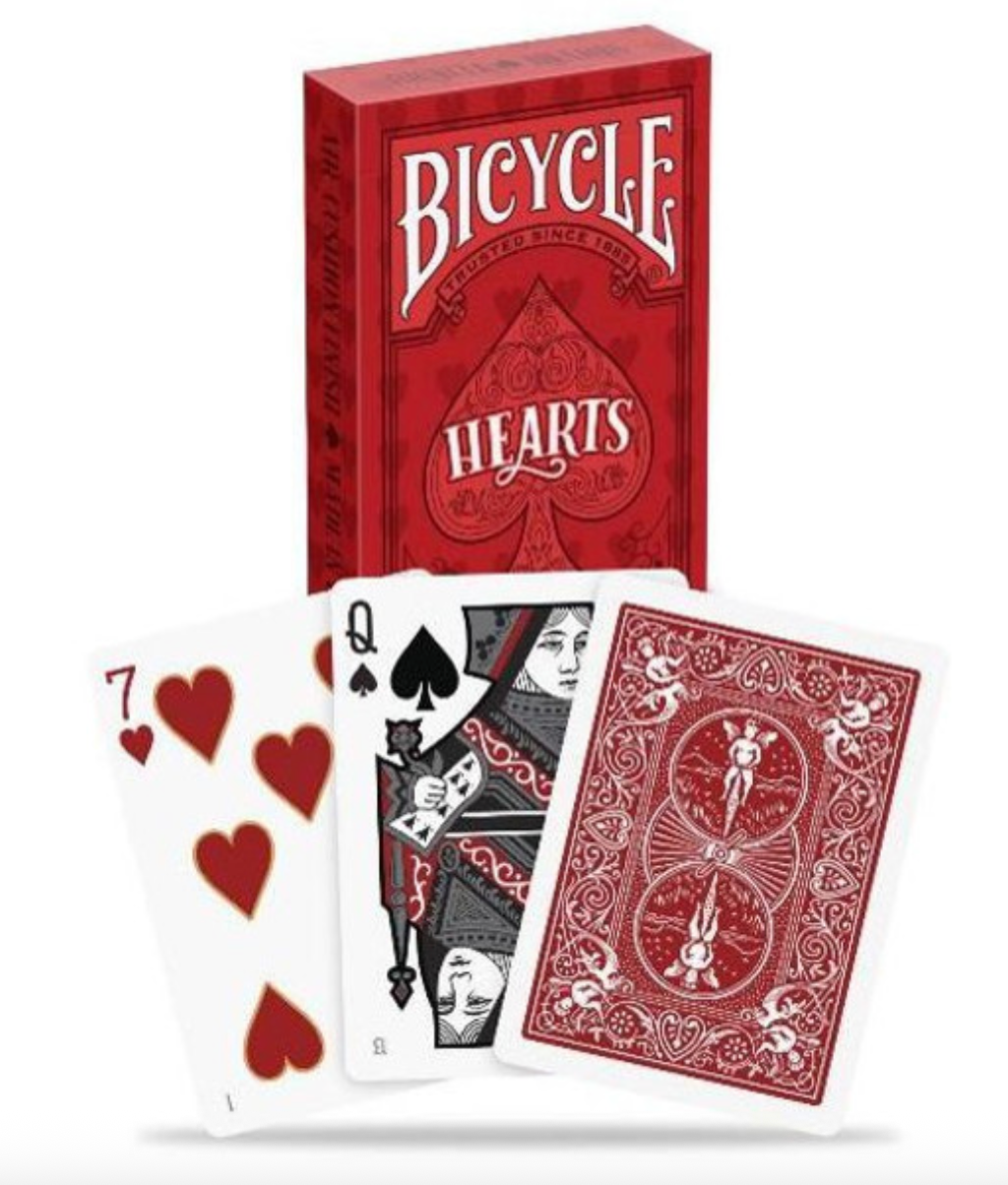 Bicycle Hearts playing cards with a red box on a white background