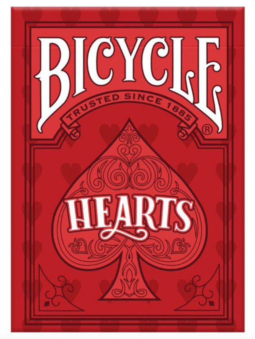 Red Bicycle Hearts playing card box with brand name and heart design.