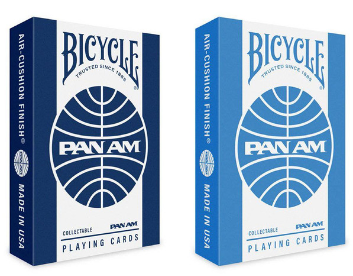 Two boxes of Bicycle Pan Am playing cards with blue and white design.