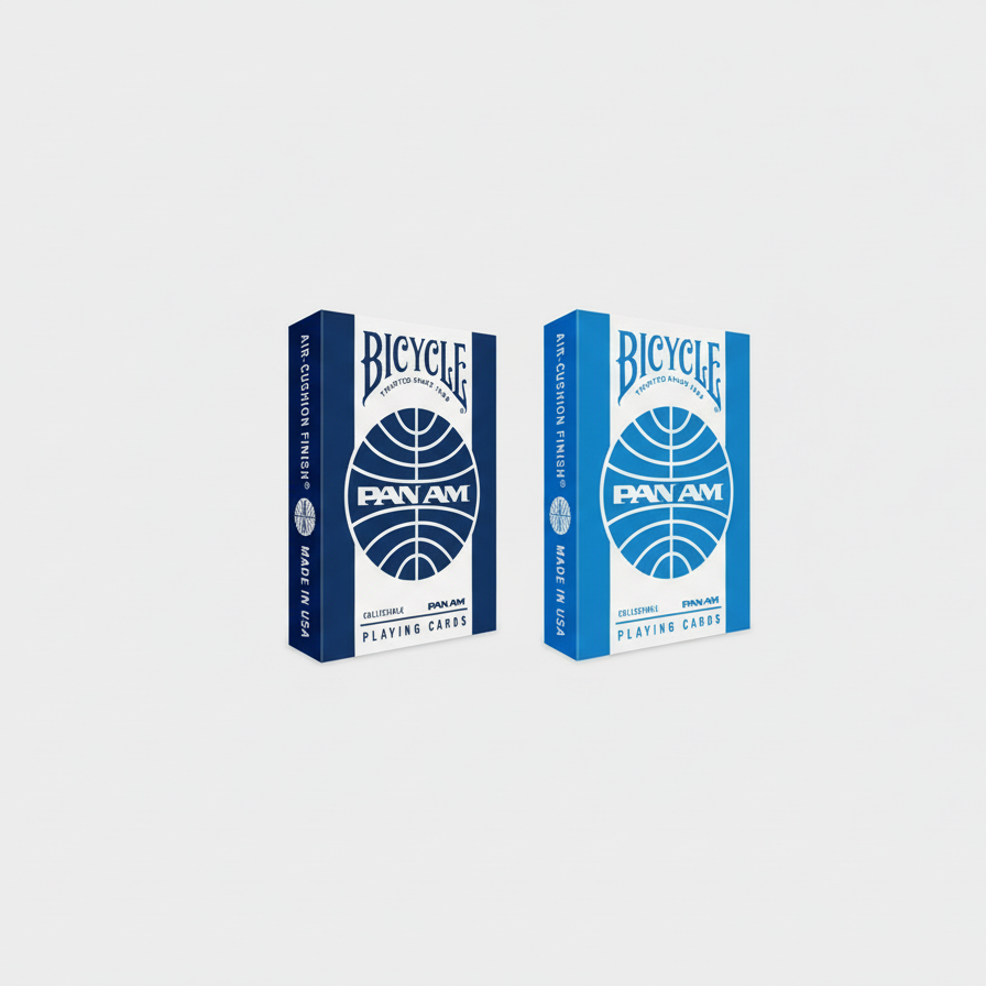 Two boxes of Bicycle Pan Am playing cards with blue and white design.