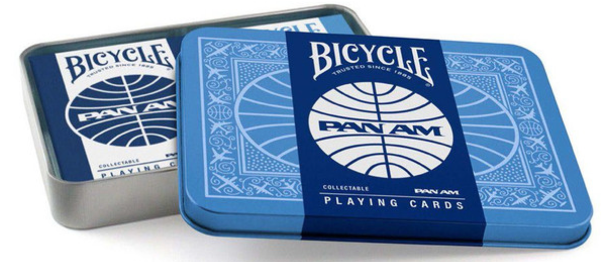 Bicycle Pan Am playing cards in a blue tin on a white background