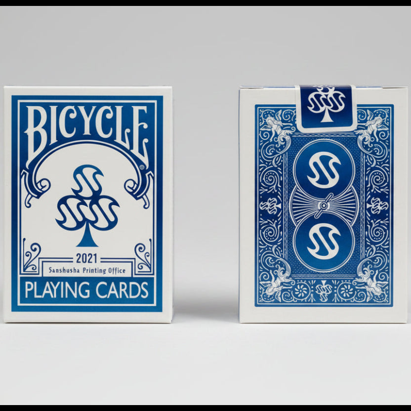 Bicycle Sanshusha Playing Cards Blue showing front and back of tuck box with custom blue-and-white Japanese market design
