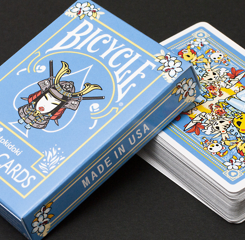 Front of Bicycle tokidoki 3 Playing Cards tuck box with tokidoki samurai character and blue collectible packaging