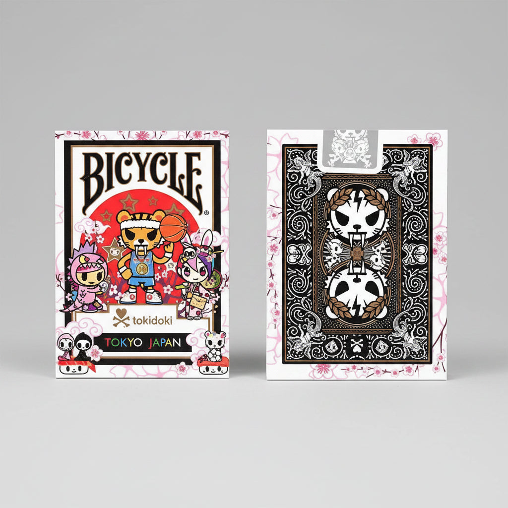 Front and back of Bicycle tokidoki Sports Black Playing Cards showing tuck box and custom black back design
