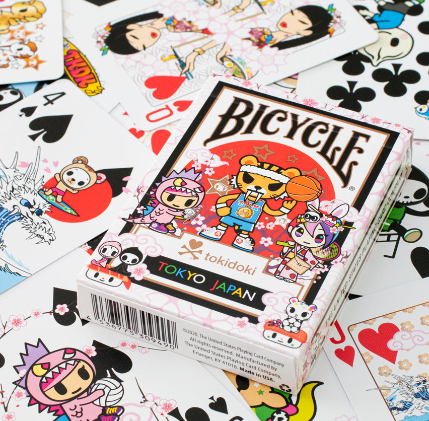 Front of Bicycle tokidoki Sports Black Playing Cards tuck box with tokidoki characters, cherry blossoms, and Tokyo Japan theme