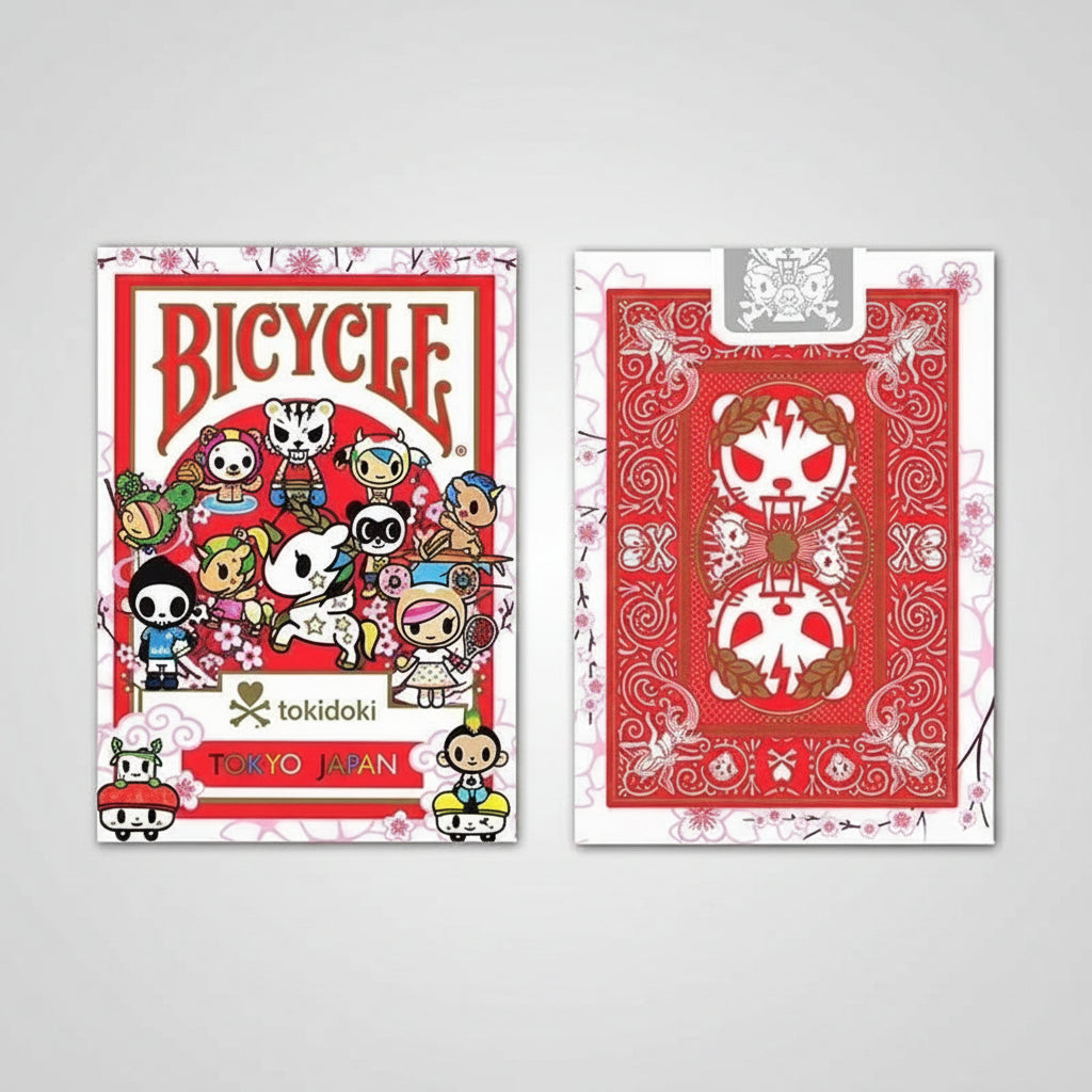 Front of Bicycle tokidoki Sports Red Playing Cards tuck box front and back with tokidoki characters and Tokyo Japan branding