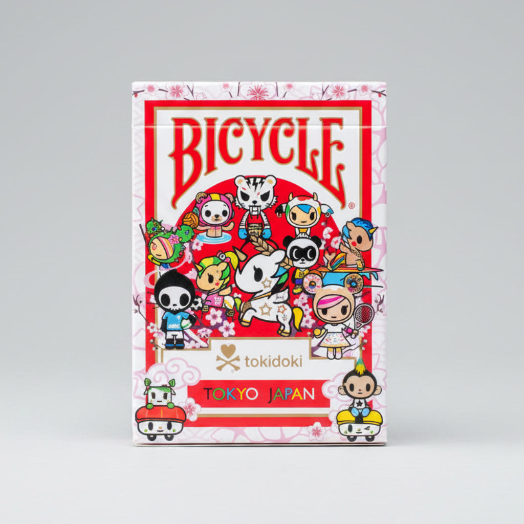 Front of Bicycle tokidoki Sports Red Playing Cards tuck box with tokidoki characters and Tokyo Japan branding