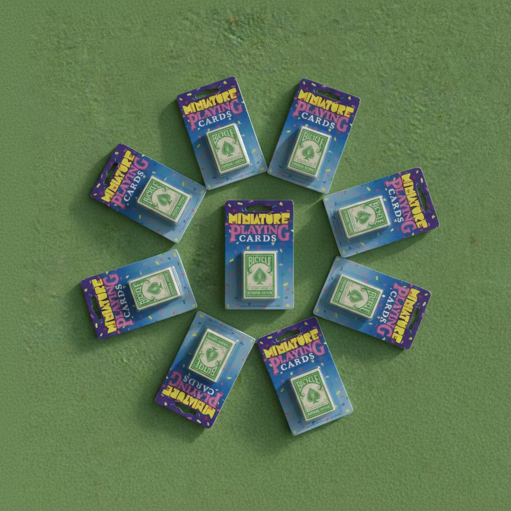 A package of miniature Bicycle Rider Back playing cards in blister card packaging, photographed on a green surface.