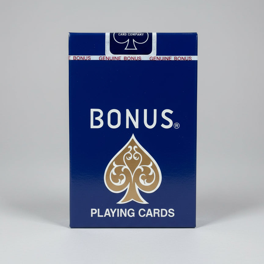 Blue card deck packaging with 'Bonus' branding on a black background
