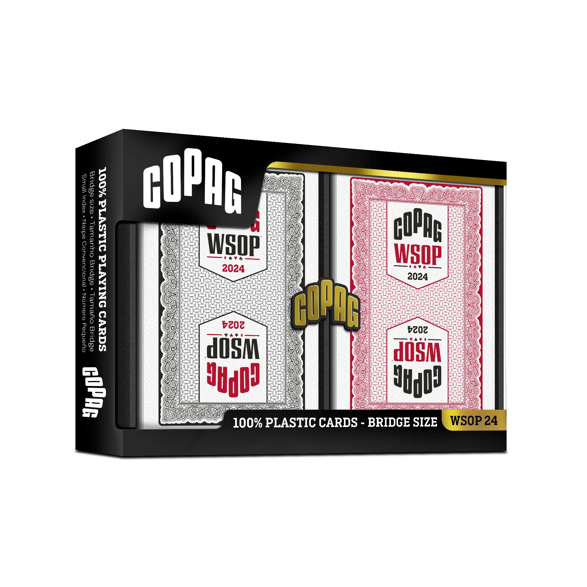Copag WSOP 2024 Traditional black and red bridge-size regular index plastic double deck set
